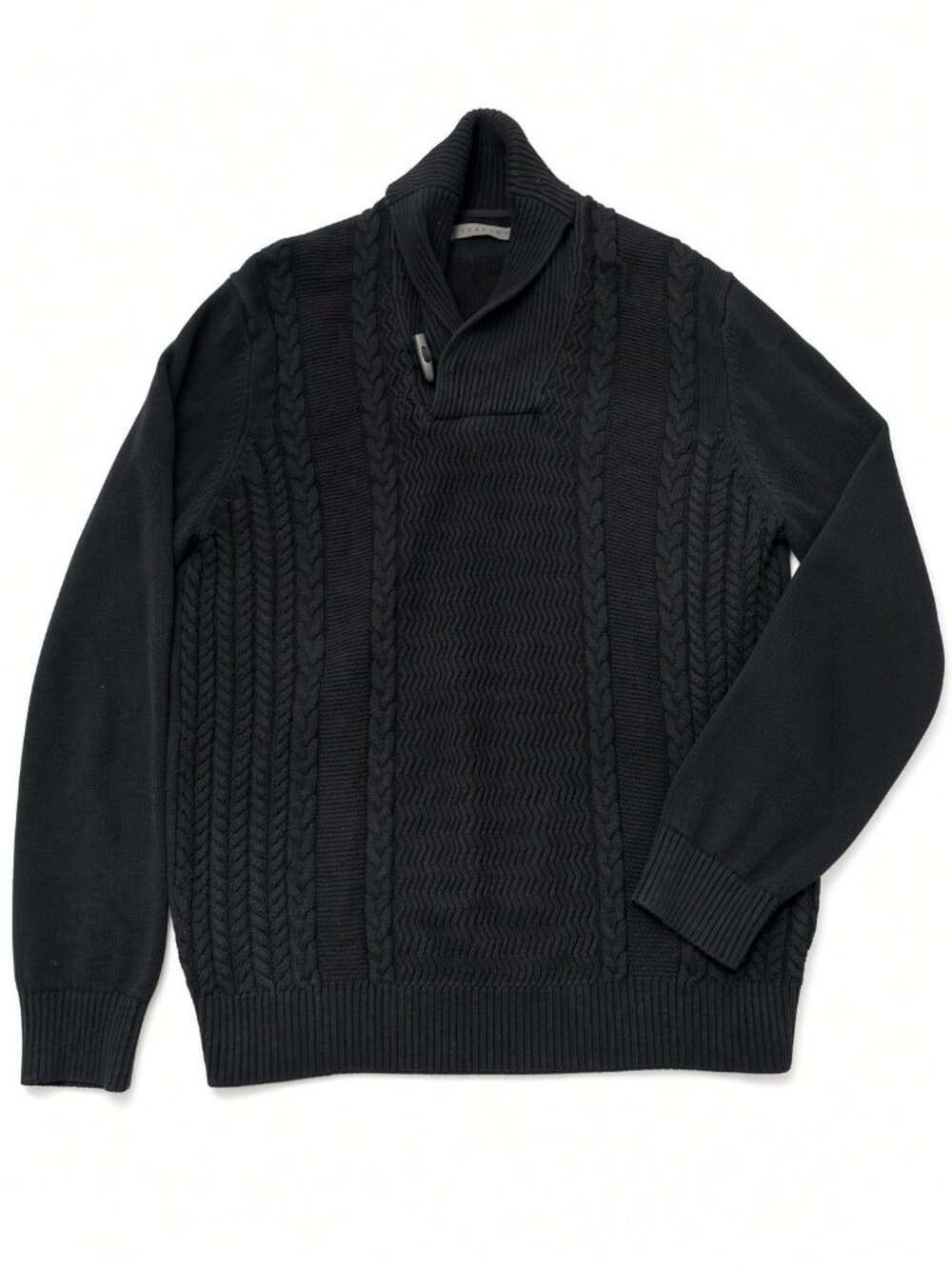 Sean John Men’s Black Shawl Collar Cable Knit Toggle Sweater Size XL